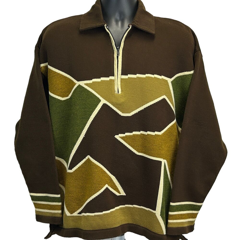 Vintage 80s Collared Polo Sweater Brown Beige Green Geometric KDR Mens M Medium